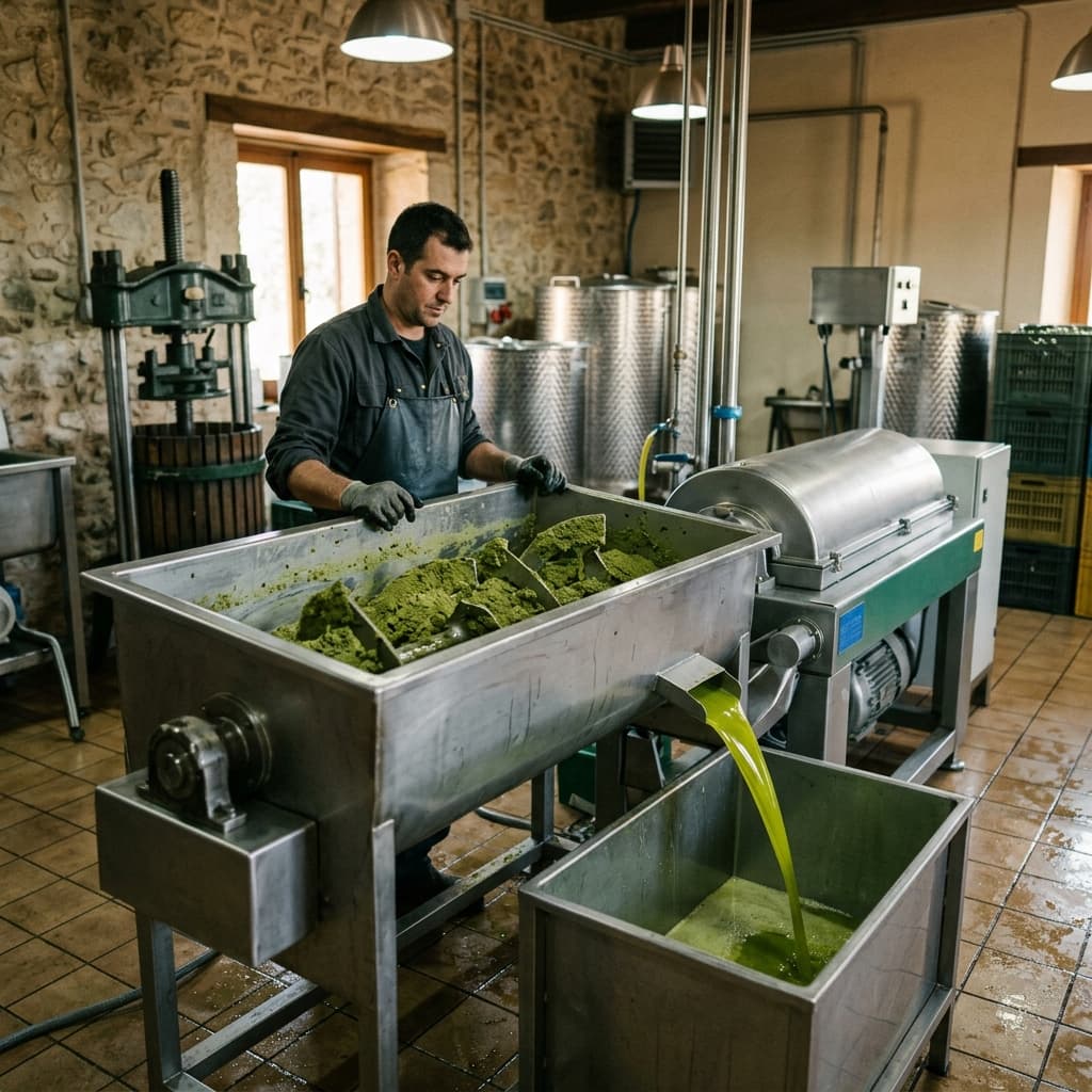 Fresh olive oil flowing from the cold extraction press