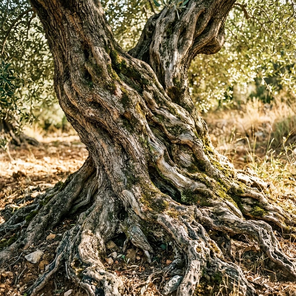 Ancient gnarled olive tree trunk showing centuries of weathering