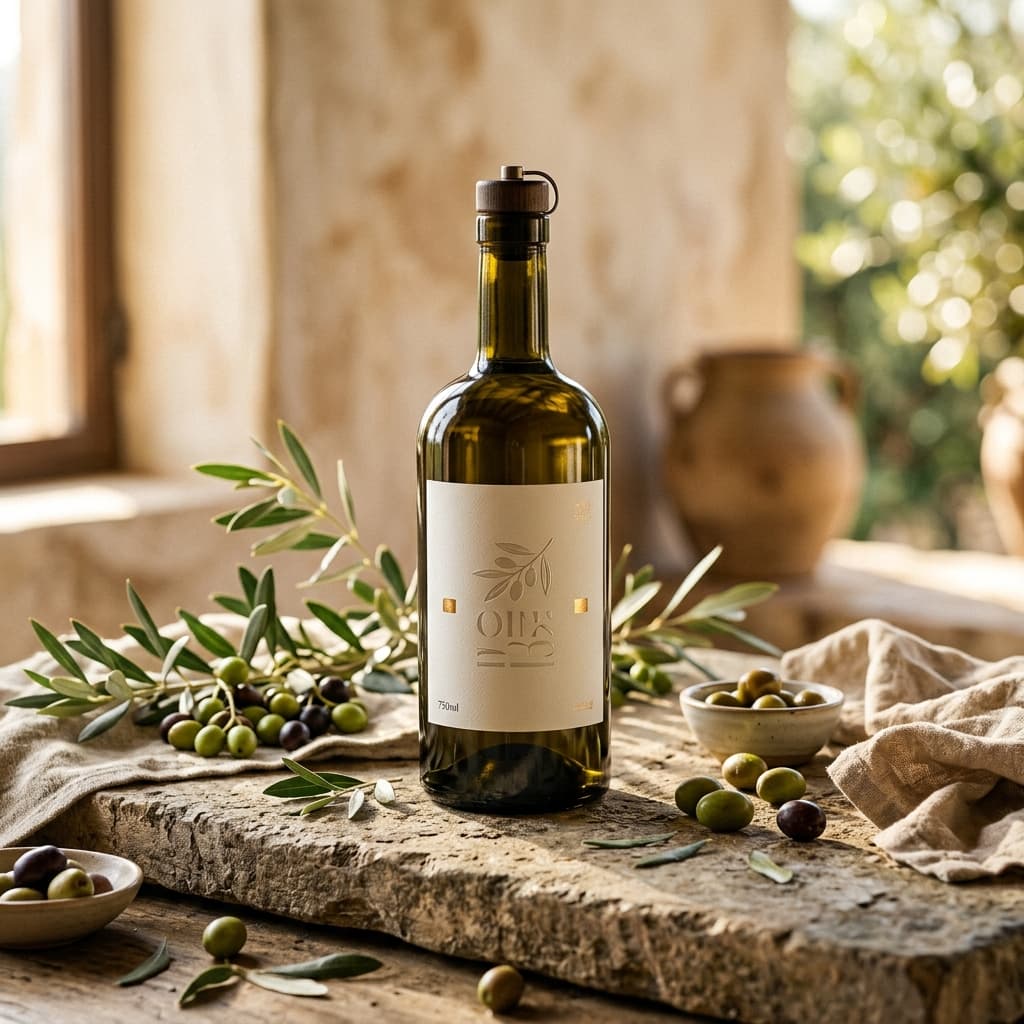CompetaOlive extra virgin olive oil bottle, dark glass with minimal label, on stone surface with olive branches
