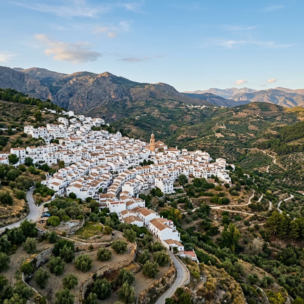 The whitewashed village of Cómpeta nestled in the Axarquía mountains, surrounded by olive groves