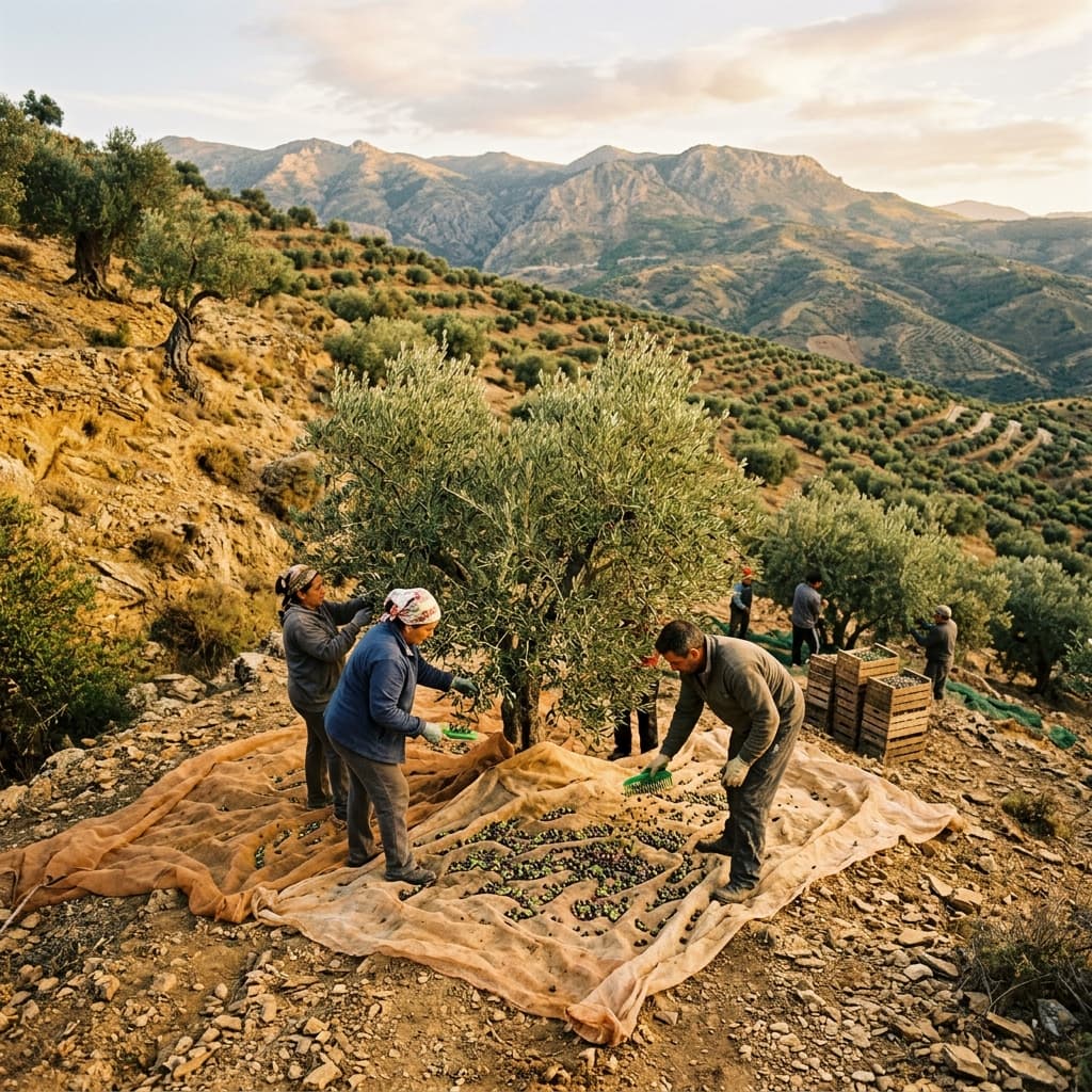 Workers hand-harvesting olives on the steep terraced hillsides of the Axarquía, nets spread beneath the trees