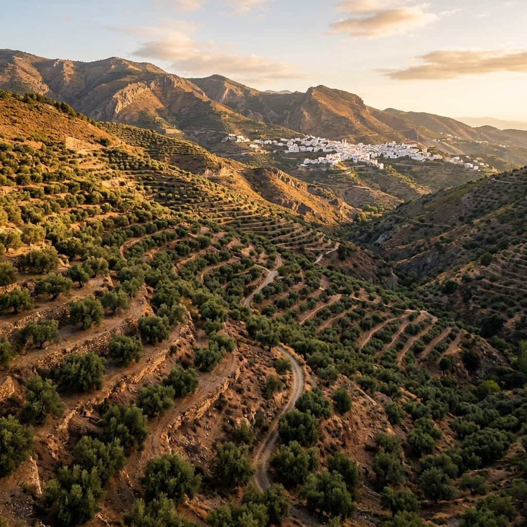 Olive groves on the terraced mountainsides of Cómpeta, Axarquía, with the white village visible in golden morning light