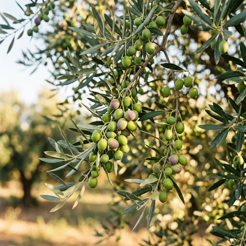 Early harvest green olives on the branch, still firm, catching Mediterranean sunlight